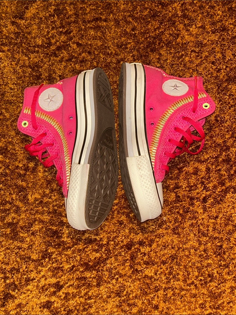Converse Kids High-Top Sneakers in Hot Pink with Yellow Stitching